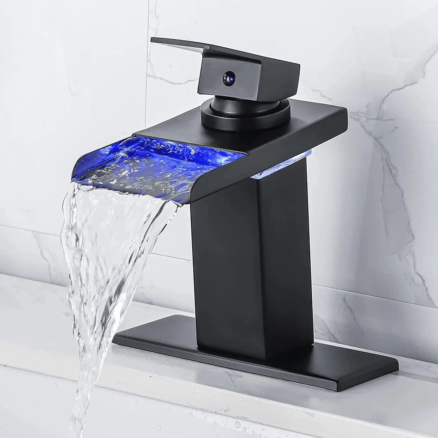 Modern LED Bathroom Vanity Faucet - Matte Black Waterfall Single-Handle Lavatory Basin Mixer Tap, 1 or 3 Hole Compatible, 6-in Cover Plate Included, Faucets for Bathroom Sinks
