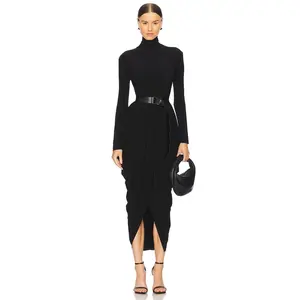 Norma Kamali Long Sleeve Turtleneck Waterfall Dress in Black