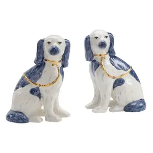 Pair of Blue & White Ceramic Staffordshire Dogs