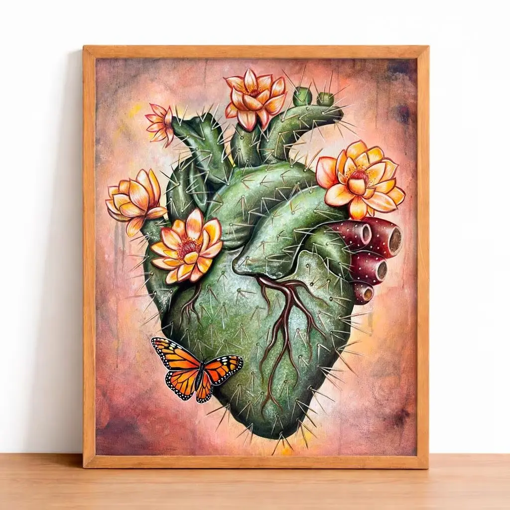 Corazon Renaciendo  Poster Unframed  Nopal Art, Heart Shaped Nopal Painting, Cactus Heart, Heart with Flowers, Anatomical Heart Art, medical decor