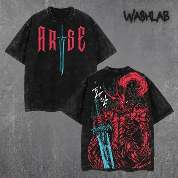 Retro Vintage Igris Solo Leveling Shadow Knight Commander Anime T Shirt Space Bounty Hunter Double Sided Print Oversized Acid Washed