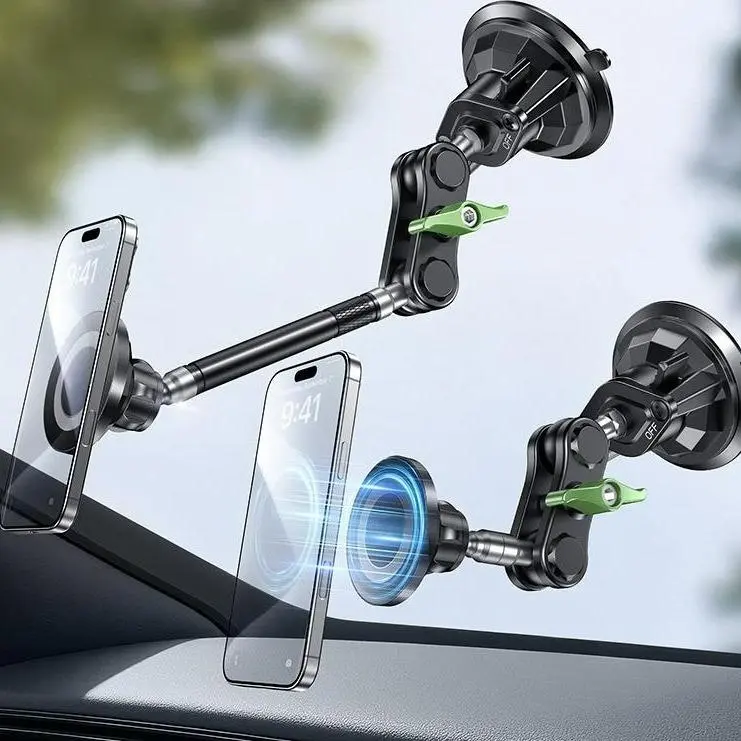 Magnetic Cell Phone Car Mount - Ultra-Durable, 360-Degree Universal Joints, Hidden Lock, Washable Reusable Suction Cup, Ice Remover Compatible, Secure Fit for iPhone, Samsung Car Interiors, Live Stream Ready