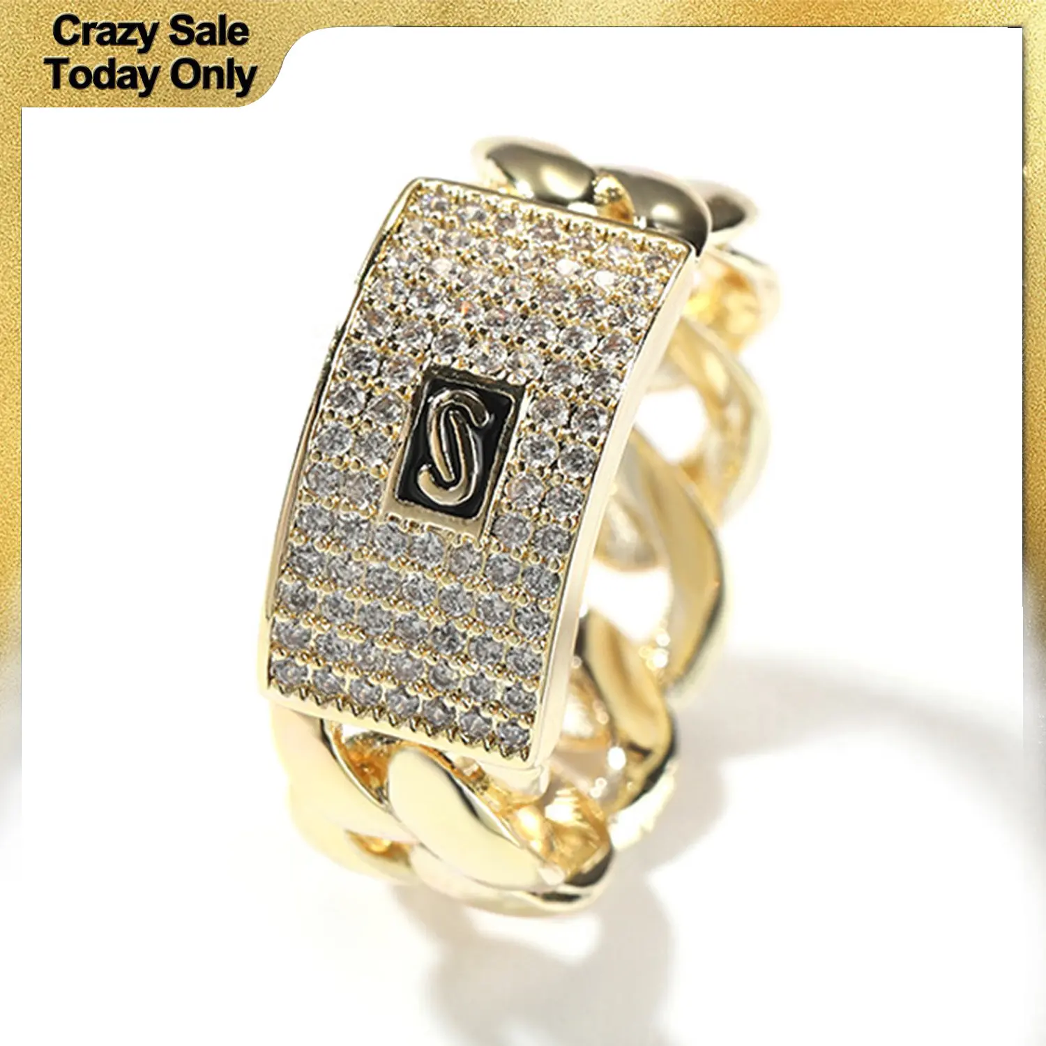 Women's Funky Cuban Chain Design Ring - Full Diamond Bling, Unique Shape, Chunky Statement, Copper Costume Jewelry for Casual Wear, Special Occasions, Exquisite Trendy Ring, Decorated Ring