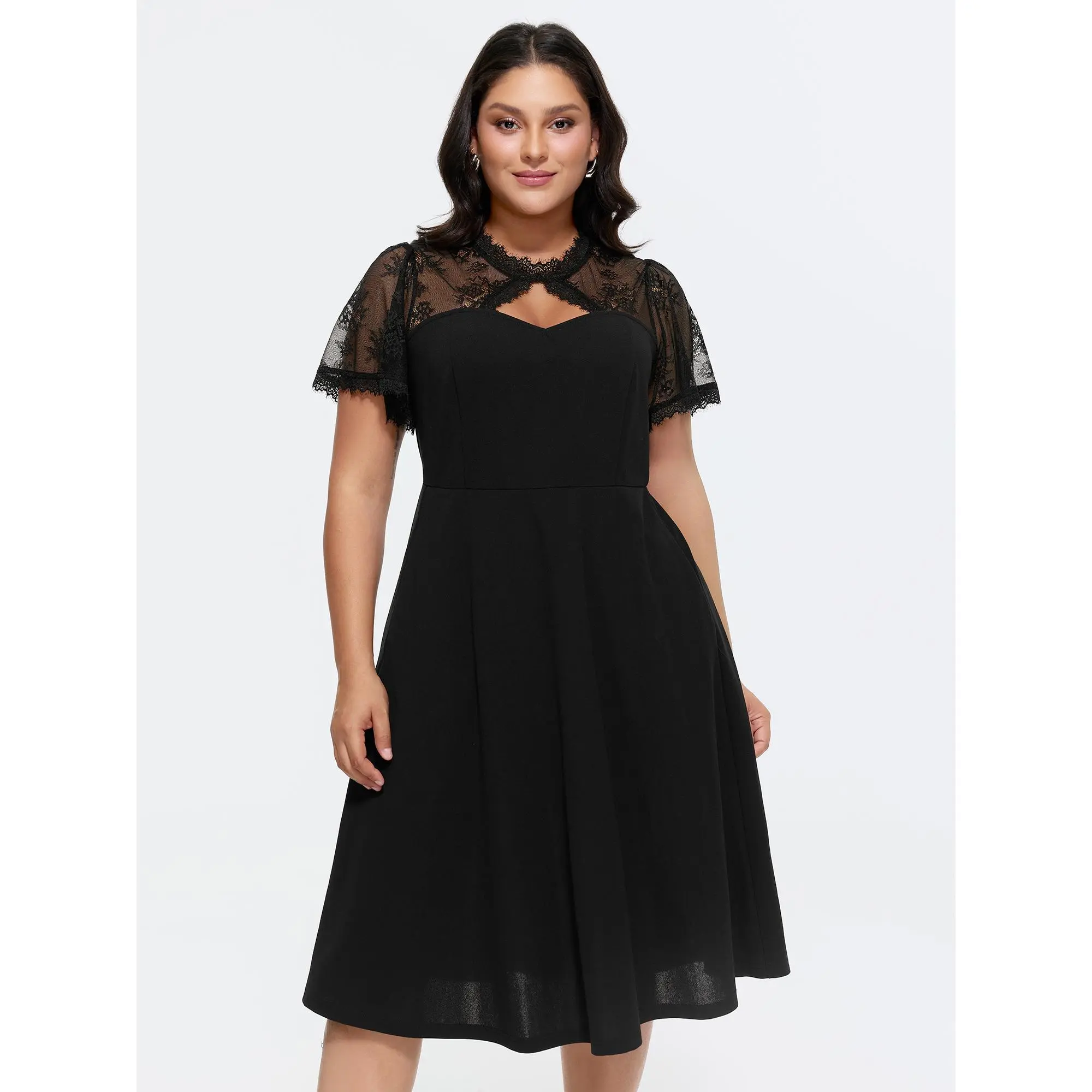 BLOOMCHIC Women's Plus Size Casual Short-Sleeve Sheer Lace Sweetheart Neckline Pocket Midi Dress [M-6X] - 2026 Summer Comfy Low Iron Garment, Polyester Spandex Fabric, Patchwork Bell Design, Pull-On, Curvy Clothing, Fit Everyday Wear