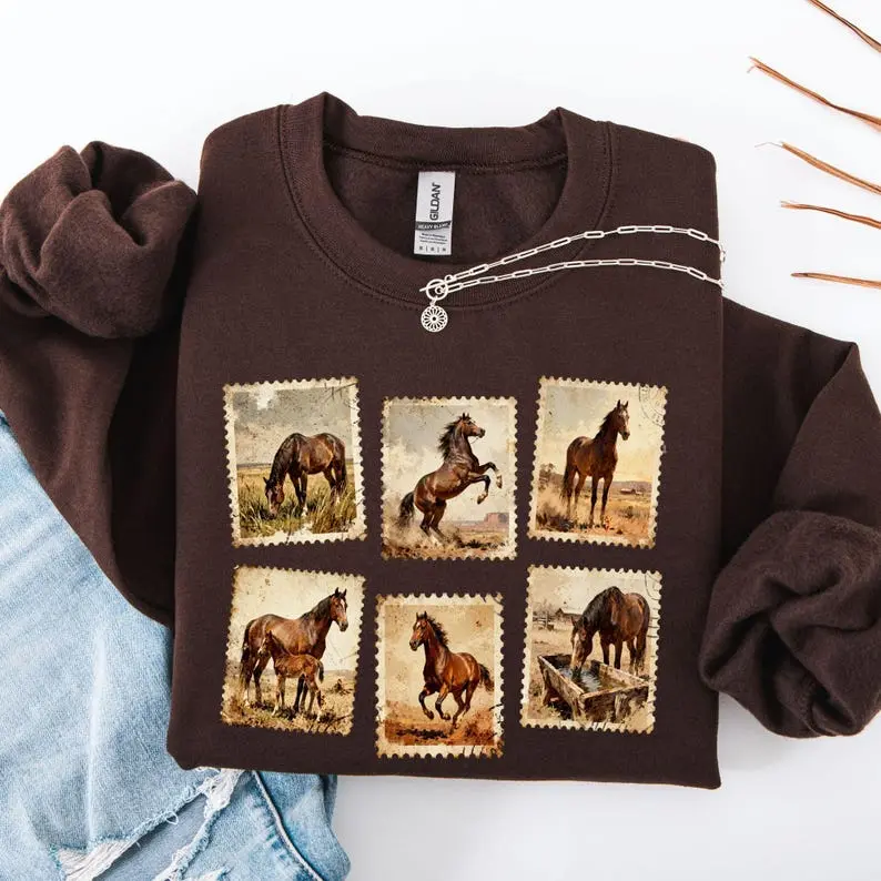 Rodeo Sweaterwild Horse Western Horses Sweatshirt Horse Lovers Gift Western Cowboy Horse Crewneck Vintage Rodeo Stamp
