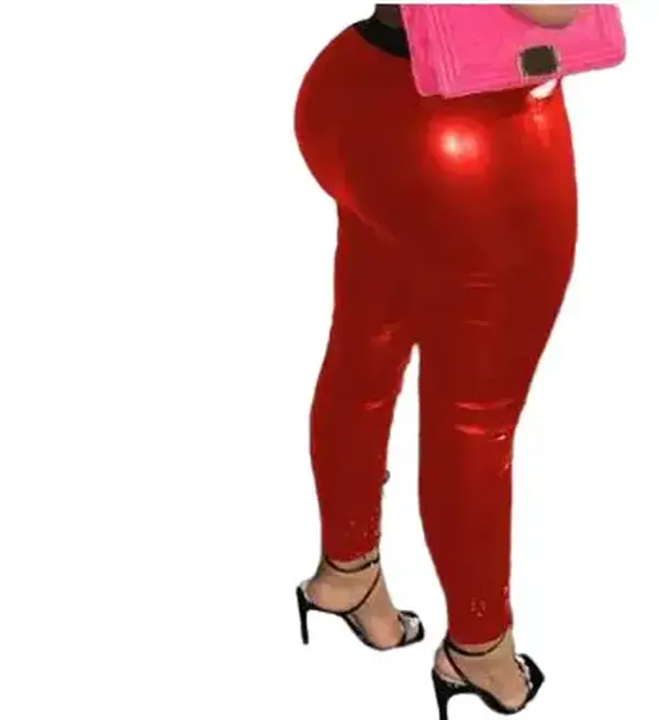RED FAUX LEATHER MID WAIST REFLECTIVE SHINY PANTS Comfort Fit