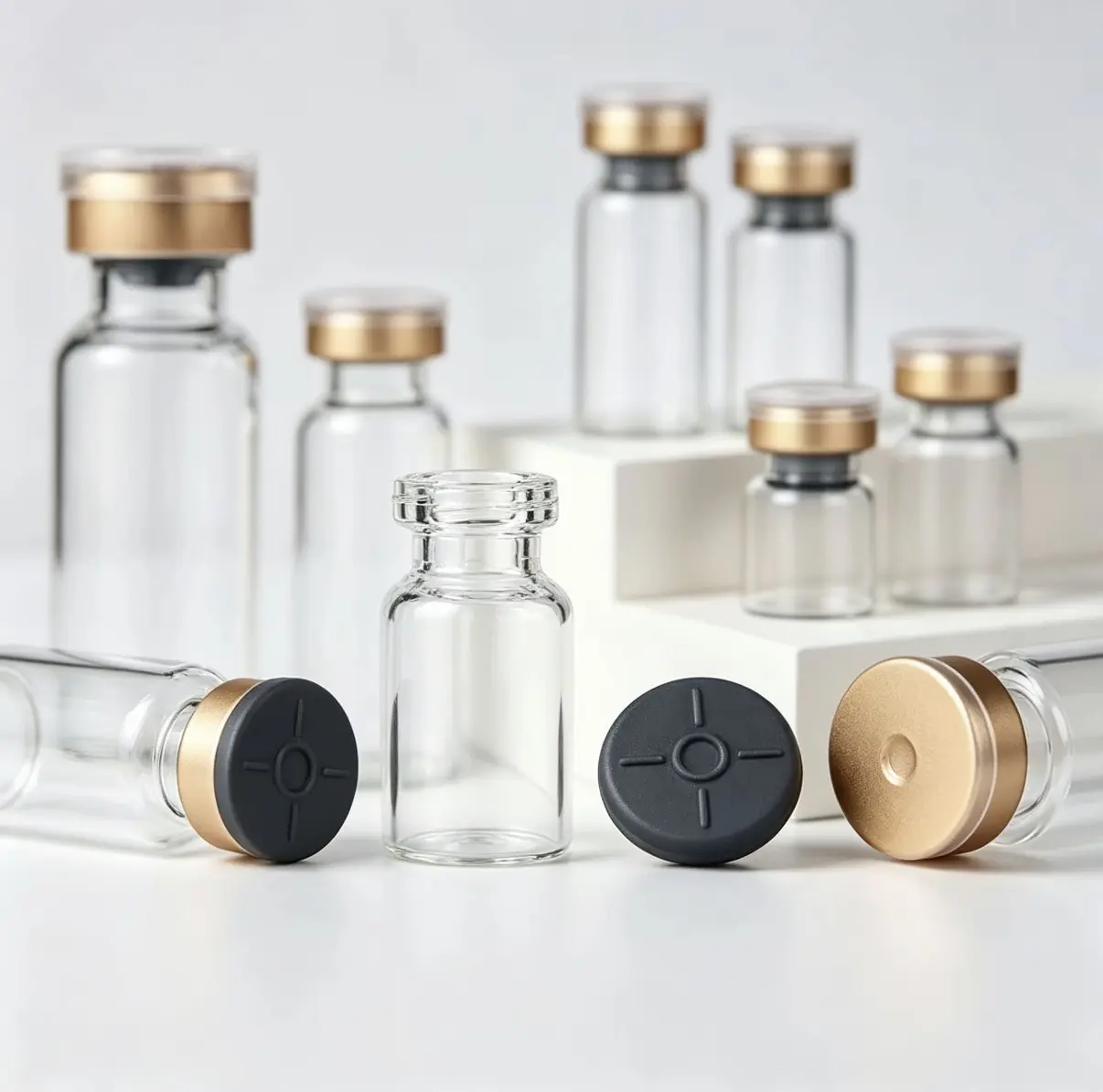Clear Glass Vials with Gold and Black Caps for Laboratory Use