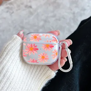 Beautiful pink daisies Pattern TPU Soft Protective Case for Apple AirPods 4/3/2/1/Pro/Pro2 Transparent Earphone Cover with Keychain Attachment