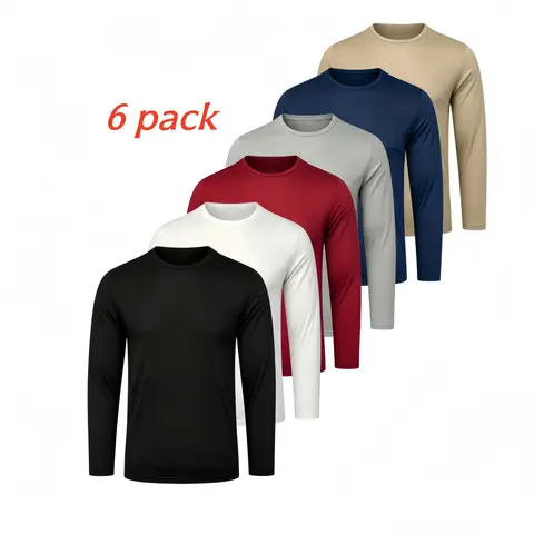 6 Pack Men's  Athletic crew neck long sleeve fishing shirts for men sun protection  shirts lightweight  rash guards workout tops gym outfits gym fits workout clothes men,back to school,back to school shopping Sports Menswear