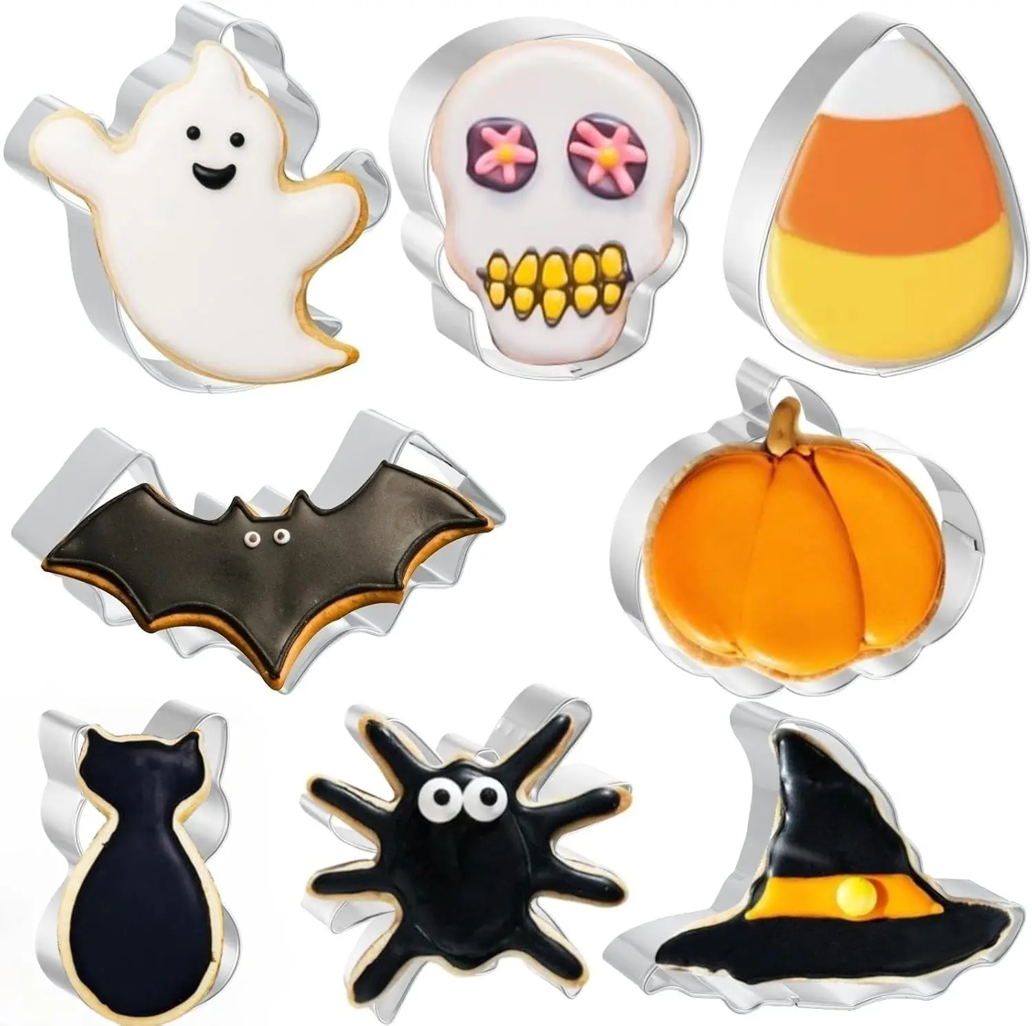Halloween Cookie Cutters 8 PCS, 3'' to 3.6'', Ghost, Pumpkin, Bat, Black Cat, Hat, Skull, Candy Corn, Spider