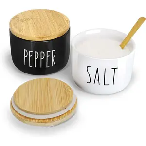 Farmhouse Salt And Pepper Containers,12 oz Salt Containers For Countertop,Stacked Ceramic Cellar With Bamboo Lid, Spice Box With Spoon,Seasoning Holder with lid,Ceramic Bowls (B&W)