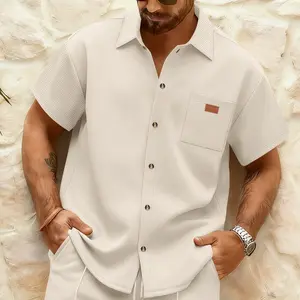 Men's Waffle Knit Casual Button-Up Shirt - Short Sleeve Turn-Down Collar Leather Patch Pocket Elegant Polyester Fabric Breathable Lightweight Soft Durable summervibes