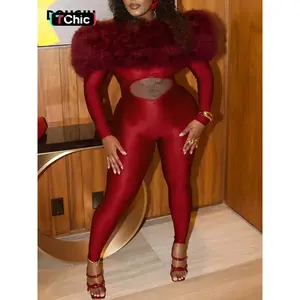 DOUCIU Party Bar Nightclub Cocktail Social Trend Street Personality Sexy Hot Women'S Thin Solid Color Alien Plush One Shoulder Long-Sleeved Jumpsuit