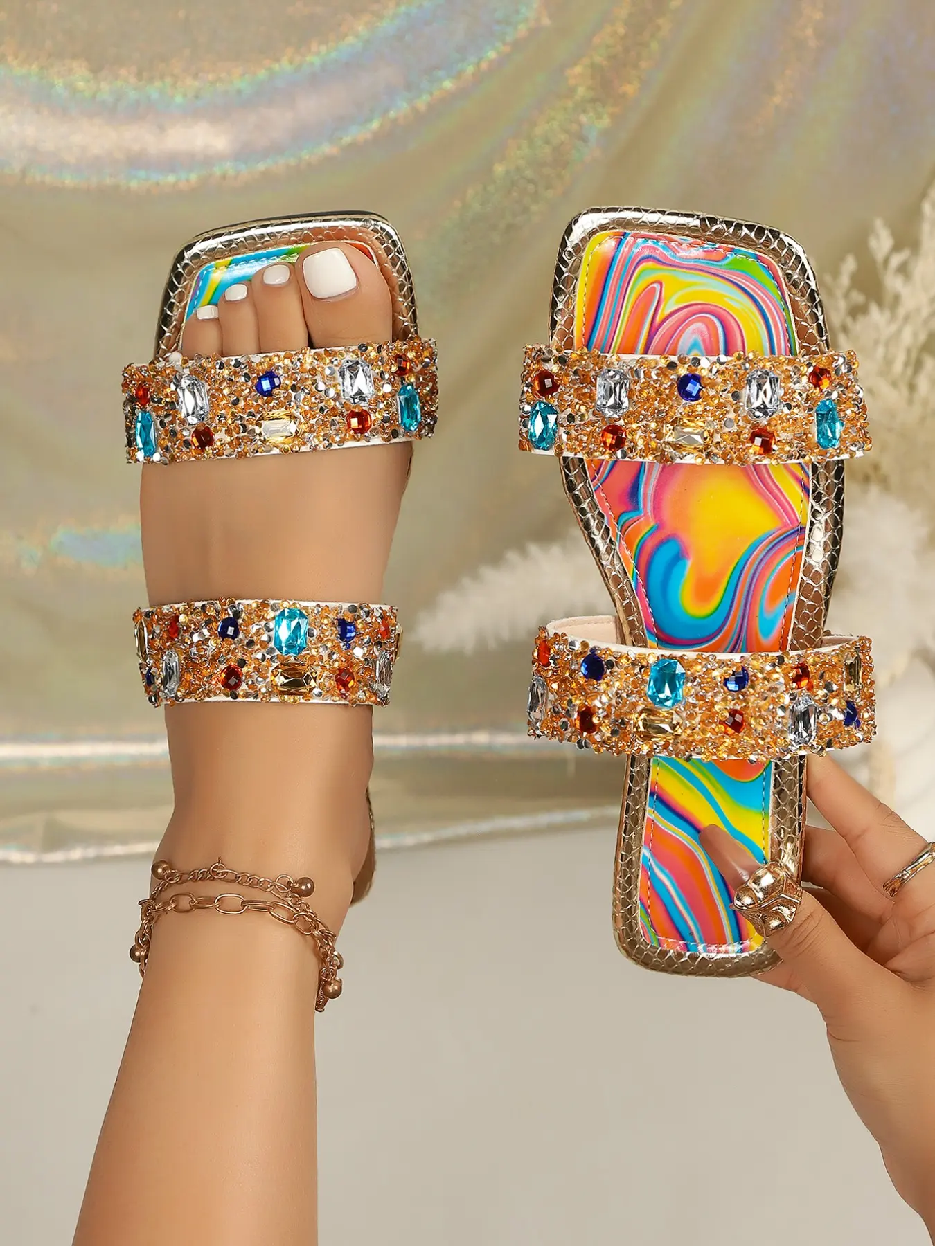 Colorful Rhinestone Dual Strap Square Toe Women Rubber Dressy Flat Sandals, Boho Style Sandal, Sparkling Design for Dates and Parties, Eye-Catching Footwear for Special Occasions