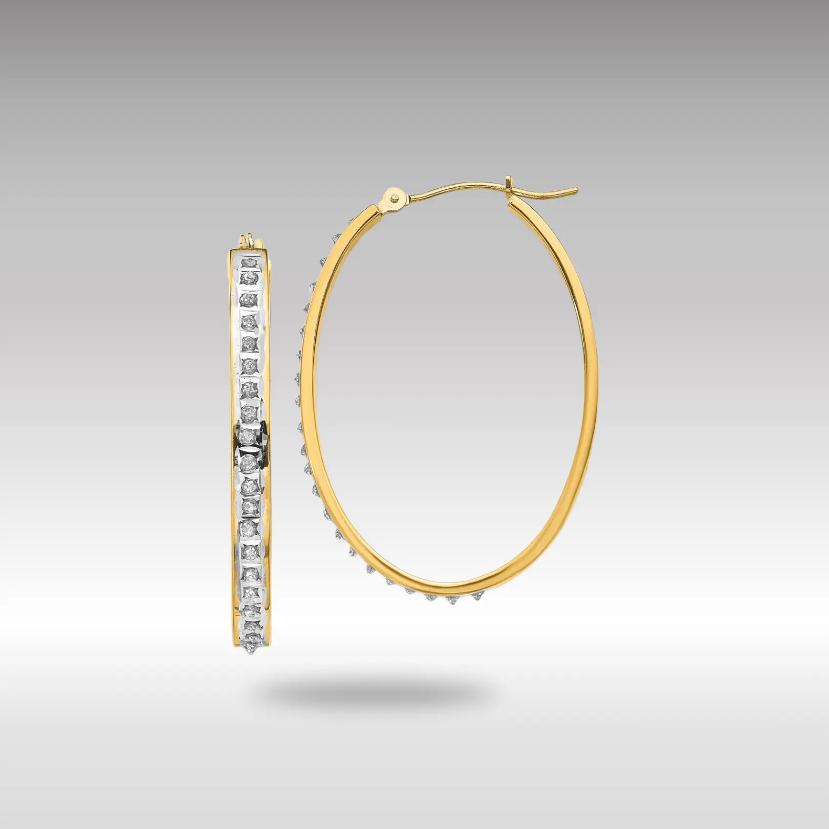 14K Gold Diamond Fascination Oval Hinged Hoop Earrings - Model DF135