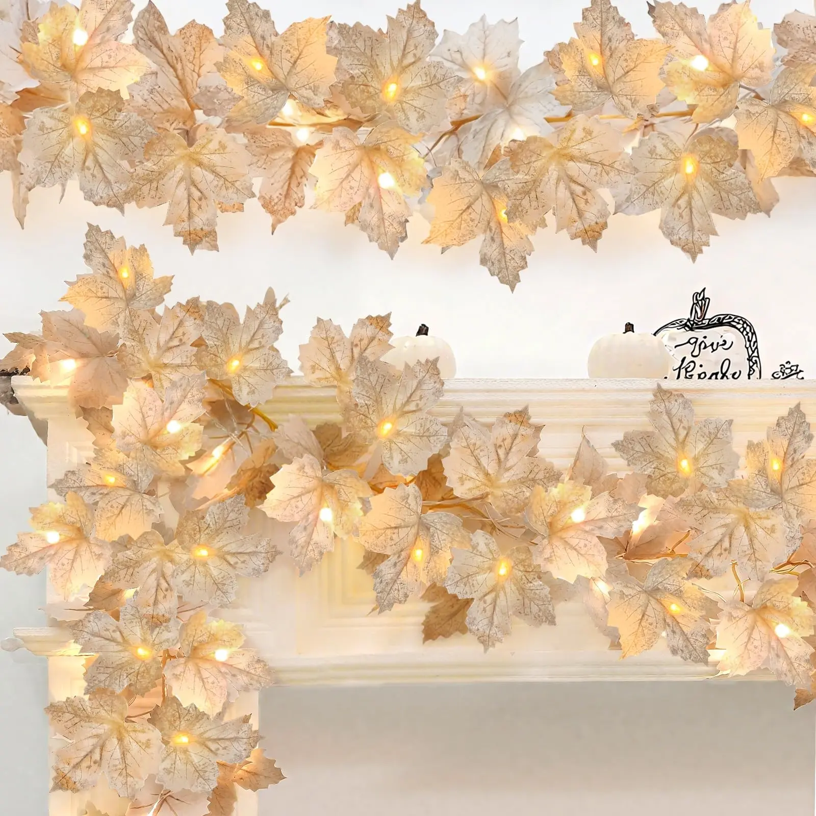 TURNMEON 3 Pack Fall White Maple Leaves Garland with Lights, Total 20 Ft with 60 Waterproof LEDs 60 Maple Leaves, 2 Light Modes, Battery Operated, Fall Autumn Thanksgiving Decor for Home Office Store Outdoor Indoor