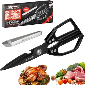 5-in-1 Multifunctional Korean with Tweezer, Black All Purpose Shears with Coated Stainless Blades, Bone Cutting scissors for Meat, Fish, Vegetables