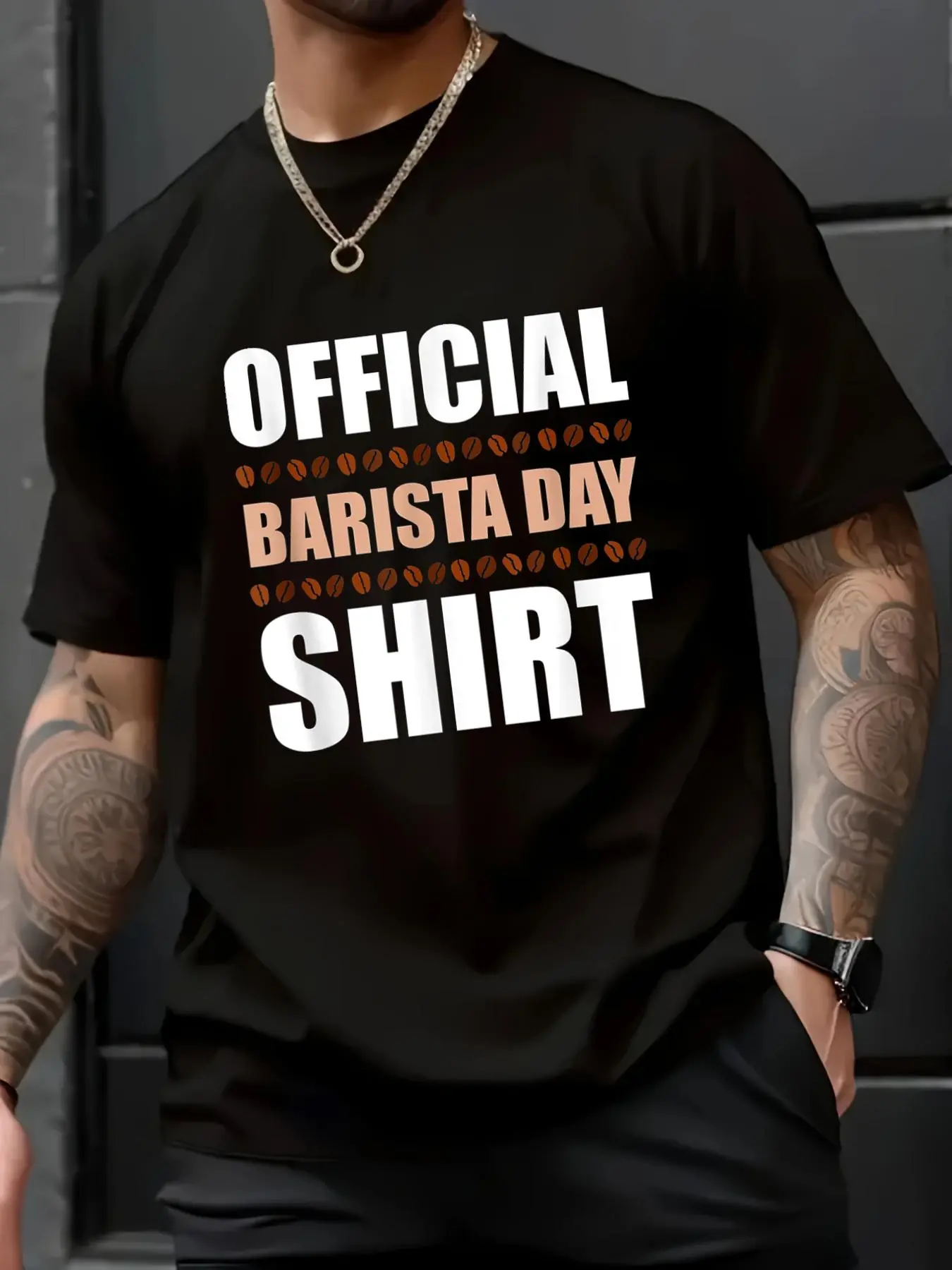 Menswear Coffee Lover Graphic T-Shirt, Casual Loose Fit 100% Cotton Top with Round Neck, Breathable Shortsleeve Tee for Layering with Jackets