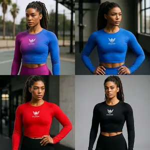ApexTier Women's Long Sleeve Crop Top in Blue, Purple, Red, and Black - Perfect for Fitness and Daily Wear