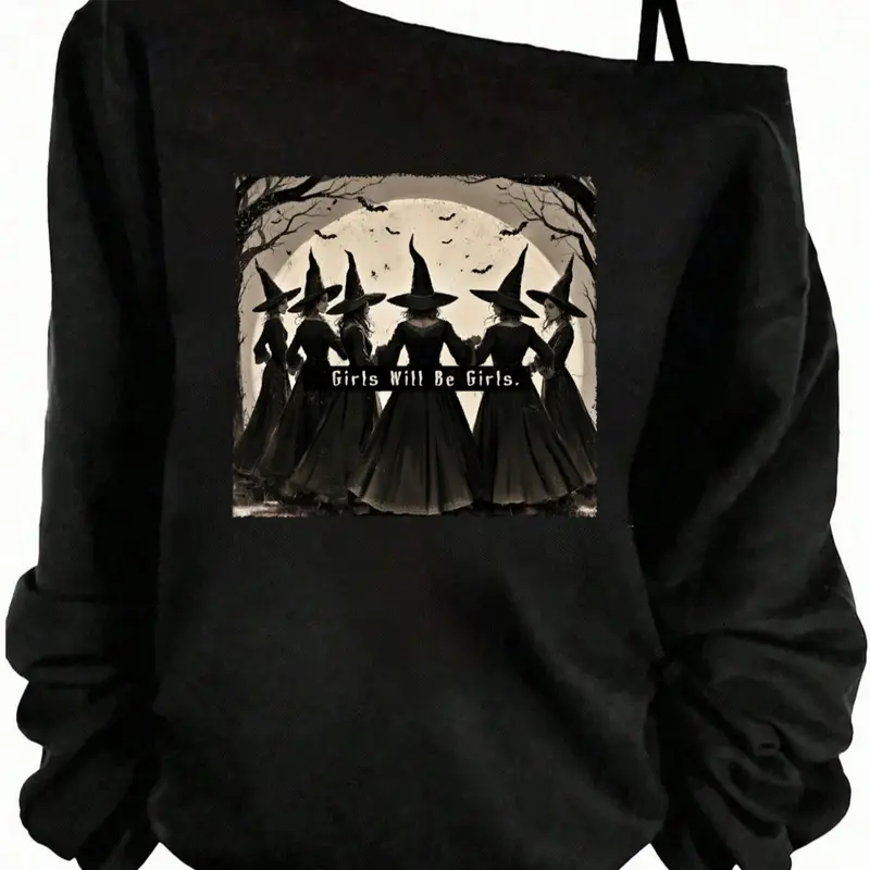 Halloween Women's Home Clothes, Autumn New Design Asymmetrical Shoulder Loose Fit Long Sleeve Knit T-Shirt, Casual Comfortable Gothic Witch Print Top