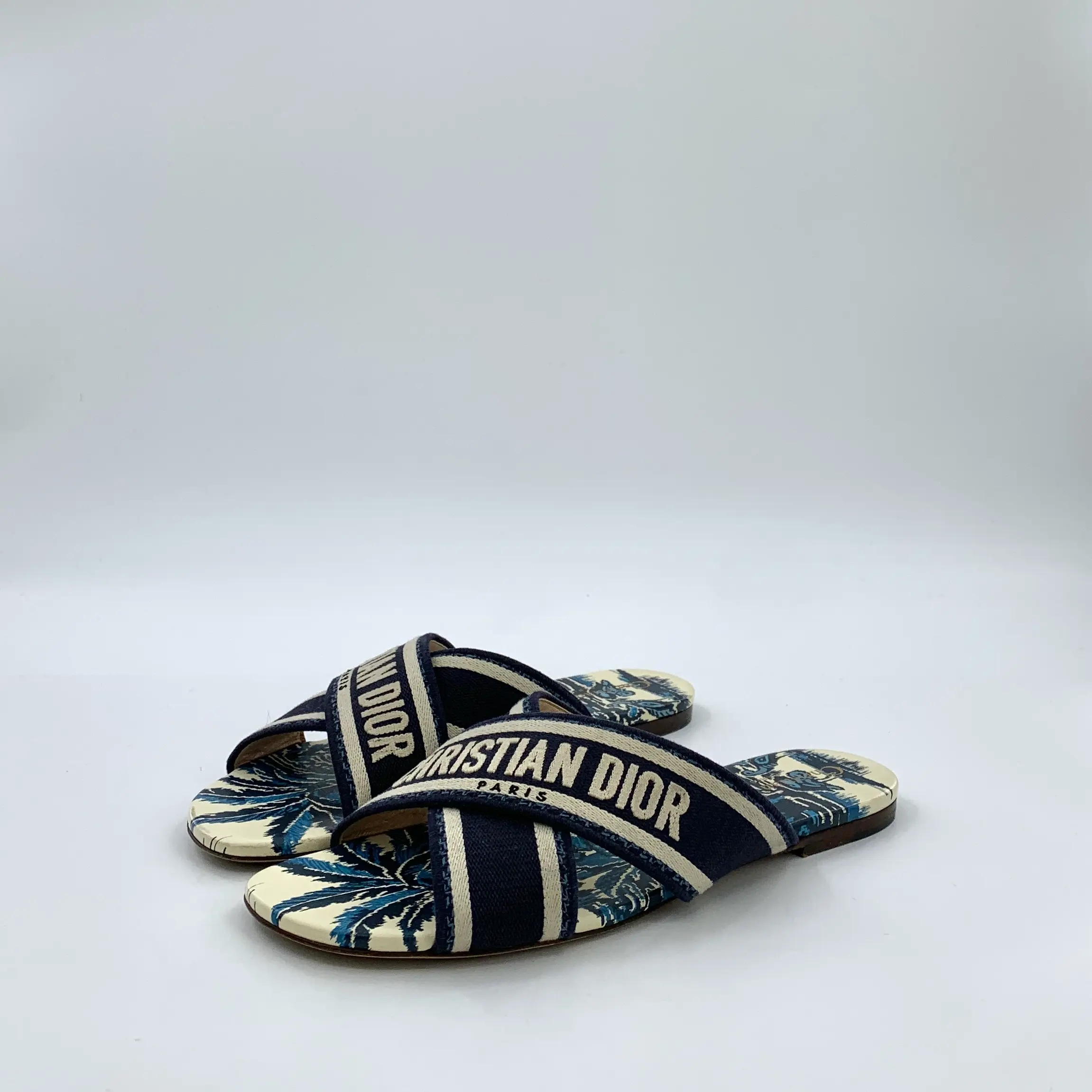 RDLT-Dior Dway Two-Tone Embroidered Letter Logo Cross Strap Flat Slides Size 38.5-J37104
