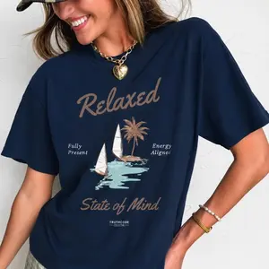 Organic Cotton "RELAXED STATE” Tee, Relaxed State of Mind T-Shirt, Coastal Aesthetic Calm Energy, Beach Vibes Graphic Top, Mindfulness Shirt, Crewneck Unisex Tshirt [GOTS + OCS Certified]
