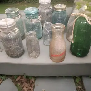 Vintage Ball Mason Jars Blue Glass Lid & Misc Vintage Milk Bottles And Jars