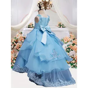 Elegant Blue Princess Tulle Dress Girls - Sleeveless, Round Neck, Long Flowing Gown with Floral Embellishments, Perfect Weddings, Pageants, and Occasions, Princess Dress Girls