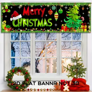 Christmas Decorations Polyester Curtain Valance, Welcome to Whoville Party Decoration, Merry Christmas Party Banner, Xmas Tree Drape, Indoor Backdrops