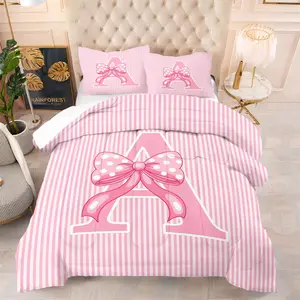 2/3Pcs Pink Vertical Striped Initial Letter A Comforter Set, Coquette Polka Dot Bow Print Quilt Bedding Set with Pillowcases, Soft Breathable for Teen Girls Kids Bedroom Dorm Aesthetic Home Decor