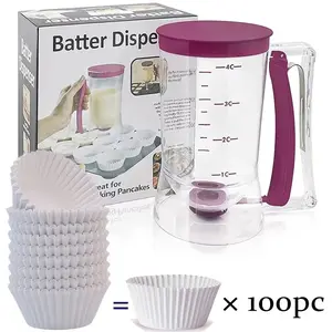 Pancake Batter Dispenser With 100 Count White Cupcake Liners Grease-Proof Baking Cups Paper, Pastry Butter Dispenser,Bakeware Maker with Measuring Label,Perfect Baking Tool for Any Baked Goods, Baking Utensils