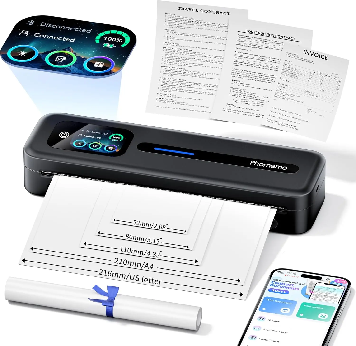 Phomemo M832D Touchscreen Portable Printer Inkless Thermal Wireless Travel, Support 8.5 x 11 & A4 Size, 300DPI, Bluetooth Small Mobile Compact Printer for Phone/Laptop/Tablet, for Home/Car/School/Office, Black TikTokShopBackToSchool