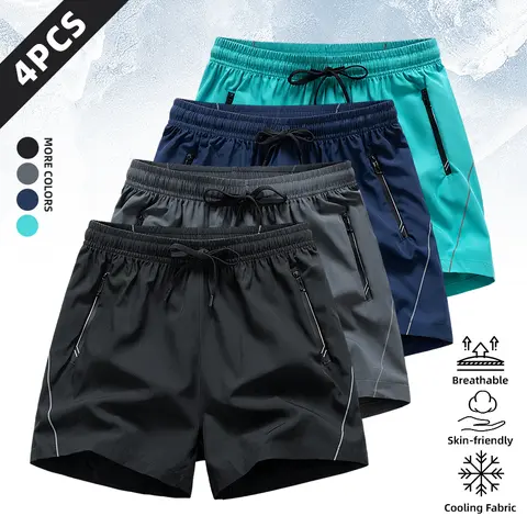 Men’s 1-4 Pack Quick Dry Athletic Trouser Shorts , Breathable Plain Gym Shorts with Zipper Pockets & Adjustable Drawstring, Big & Tall Cargo Menswear Activewear with Reflective Trim for Running, Workouts & Outdoor Training