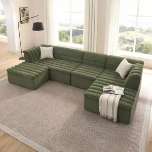 135" U-Shaped Modular Sectional Sofa with Chaise and Movable Ottoman for Living Room, Chenille Upholstered Boneless Couches with Wave-Shaped Armrest, No Pillows Included    RR