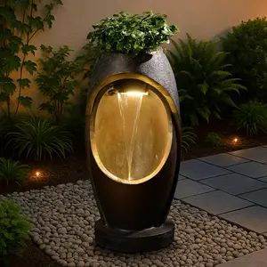 Tankana Waterfall Water Fountain Outdoor Garden Patio Freestanding Fountains with LED Lights Planter Groove Oval Cutout Design for Backyard Deck Porch Home Decor Brown Freestanding Leaf Water Fountain