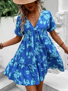 Floral Print Batwing Sleeve Ruffle Hem Smock Dress for Women - V Neck Boho Style Summer Beach Casual Outfit - Casual A Line High Waist Dress - 100% Polyester - Hand Wash or Dry Clean - Shortsleeve