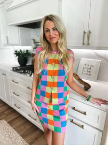 Multicolor Checker Knit Tank and Midi Skirt Set