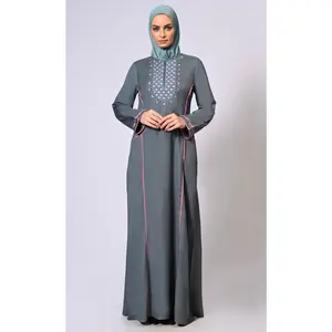 Feminine Flourish: Embroidered Front Zip Grey Abaya with Front Pockets - Final Sale