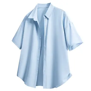New drape ice silk white short-sleeved shirt, men's summer solid color casual half-sleeved shirt jacket, simple and versatile loose casual solid color short-sleeved shirt, summer business thin shirt, comfortable and breathable fabric, suitable for daily w