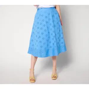 Isaac Mizrahi Live! Regular Embroidered Cotton Eyelet Midi Skirt