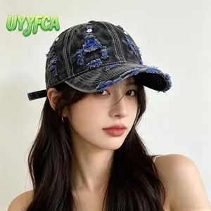 Cool Unisex Vintage Washed Denim Baseball Cap, Distressed Multi-Color Frayed Details, Adjustable Snapback Sun Hat, Lightweight Casual Streetwear Accessory for Outdoor and Daily Wear beach outfits Sun hat summervibes,summerwins