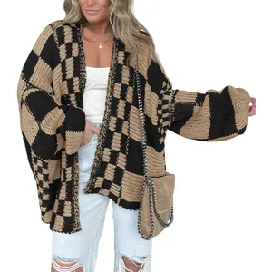 Casual Cardigan Sweater for Women Fall 2026 Long Sleeve Open Front Chunky Knit Sweaters Checkered Outwear Coat