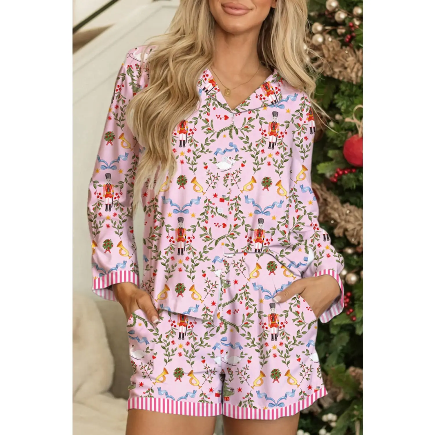 Pink Christmas Nutcracker Pattern Striped Hem Pajama Set