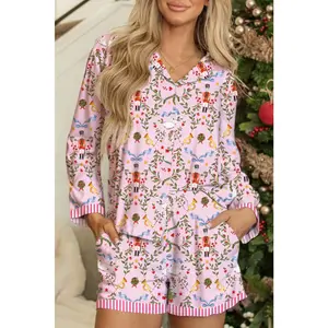 Pink Christmas Nutcracker Pattern Striped Hem Pajama Set