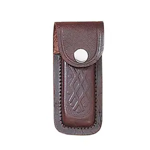 4" Pocket Folding Knife Sheath Holder Brown Printed Leather Belt Case Metal Snap