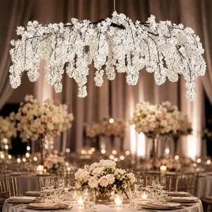 Cherry Blossom Hanging Floral Chandelier 60" White – Artificial Silk Flower Ceiling Canopy with Interchangeable Branches