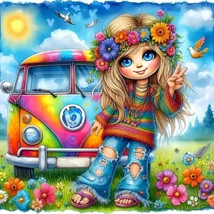 5D DIY Diamond Arts Colorful Painting Kit, 1 Set Sunshine Girl & VW Bus Pattern Diamond Arts Colorful Painting without Frame, DIY Decorative Art Picture for Beginner, Handicraft, Handmade Gifts, DIY Craft Supplies