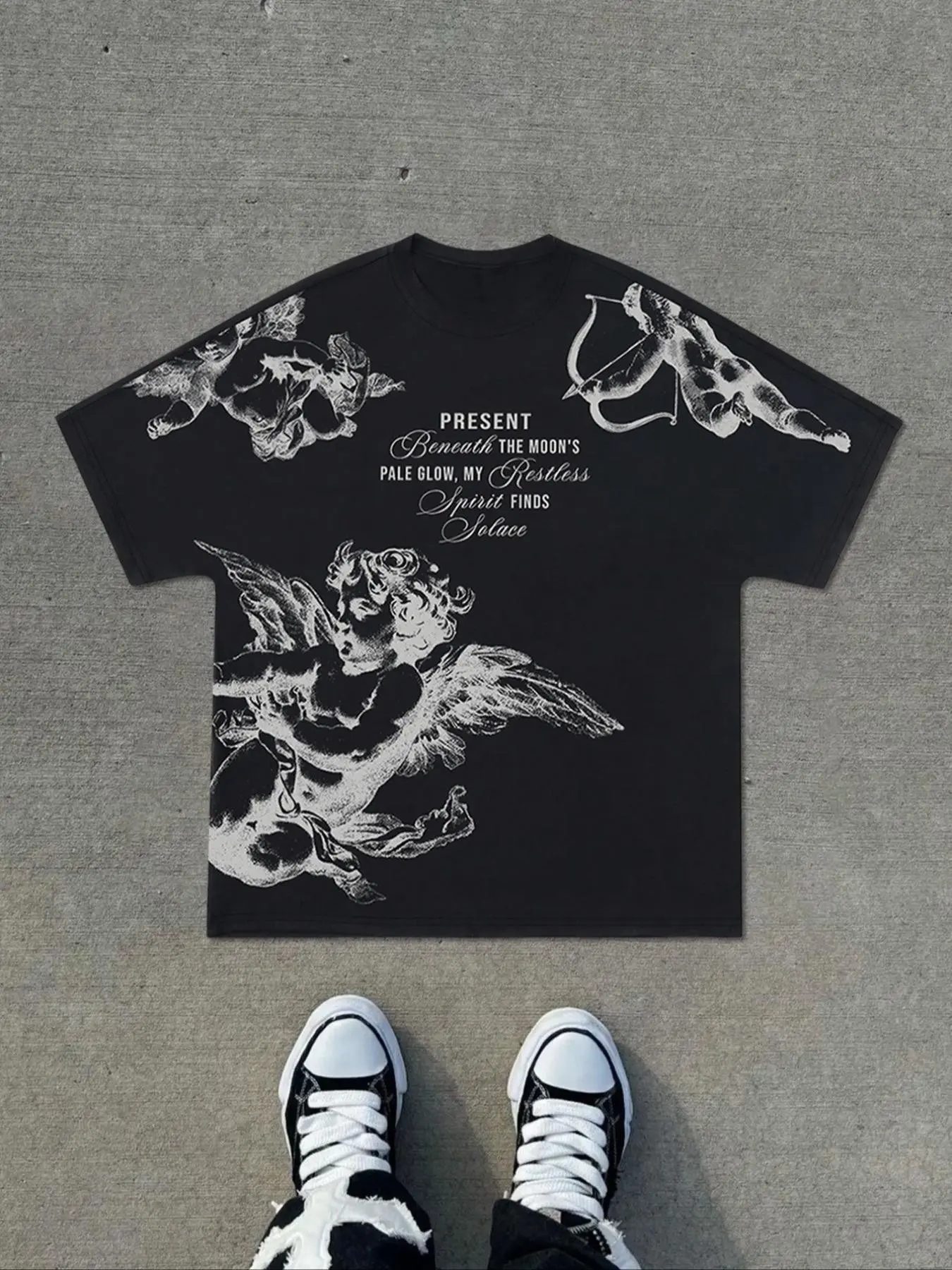 Men's Batwing Sleeve Printed T-Shirt, Angel Design, Casual American Street Style, Fitted Short Sleeve Tee for Summer, Streetwear, Menswear, Casual Fashion Clothing