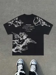 Men's Batwing Sleeve Printed T-Shirt, Angel Design, Casual American Street Style, Fitted Short Sleeve Tee for Summer, Streetwear, Menswear, Casual Fashion Clothing