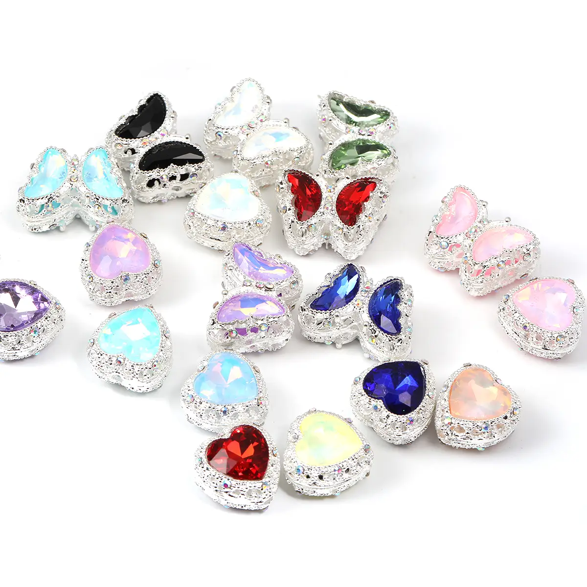 【B209】Colored glass diamond butterfly heart alloy beads